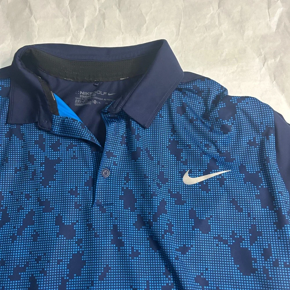 Nike Golf Mens Polo Shirt XL Blue Camo Print Dri-FIT Wallingford CC Logo‎